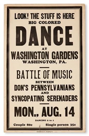 (MUSIC--DANCE.) JITTERBUG, SWING. Look! The Stuff is Here. Big Colored DANCE at Washington Gardens, Washington PA. Battle of Music betw